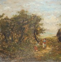 After John Constable RA (1776-1837) small oil on board, pastoral landscape with figures, 14.5 x 14.