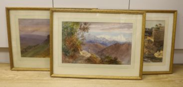 I. J. Sapple, three watercolours, Mountainous landscapes and bridge over water, each signed and