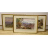 I. J. Sapple, three watercolours, Mountainous landscapes and bridge over water, each signed and