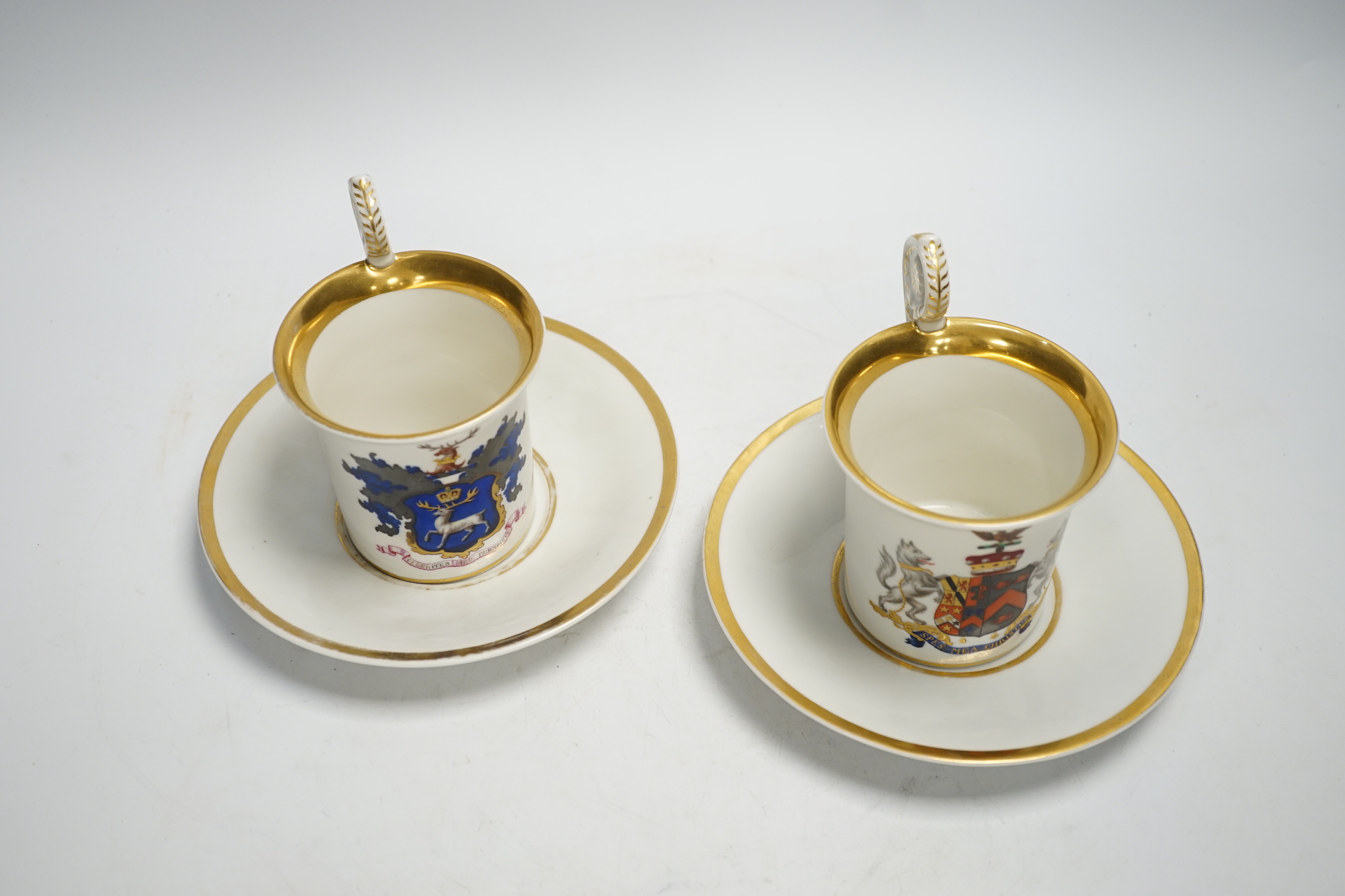 A pair of German porcelain armorial cups and saucers, one saucer reads ‘Lord Bingham s/m Y. - Image 3 of 9