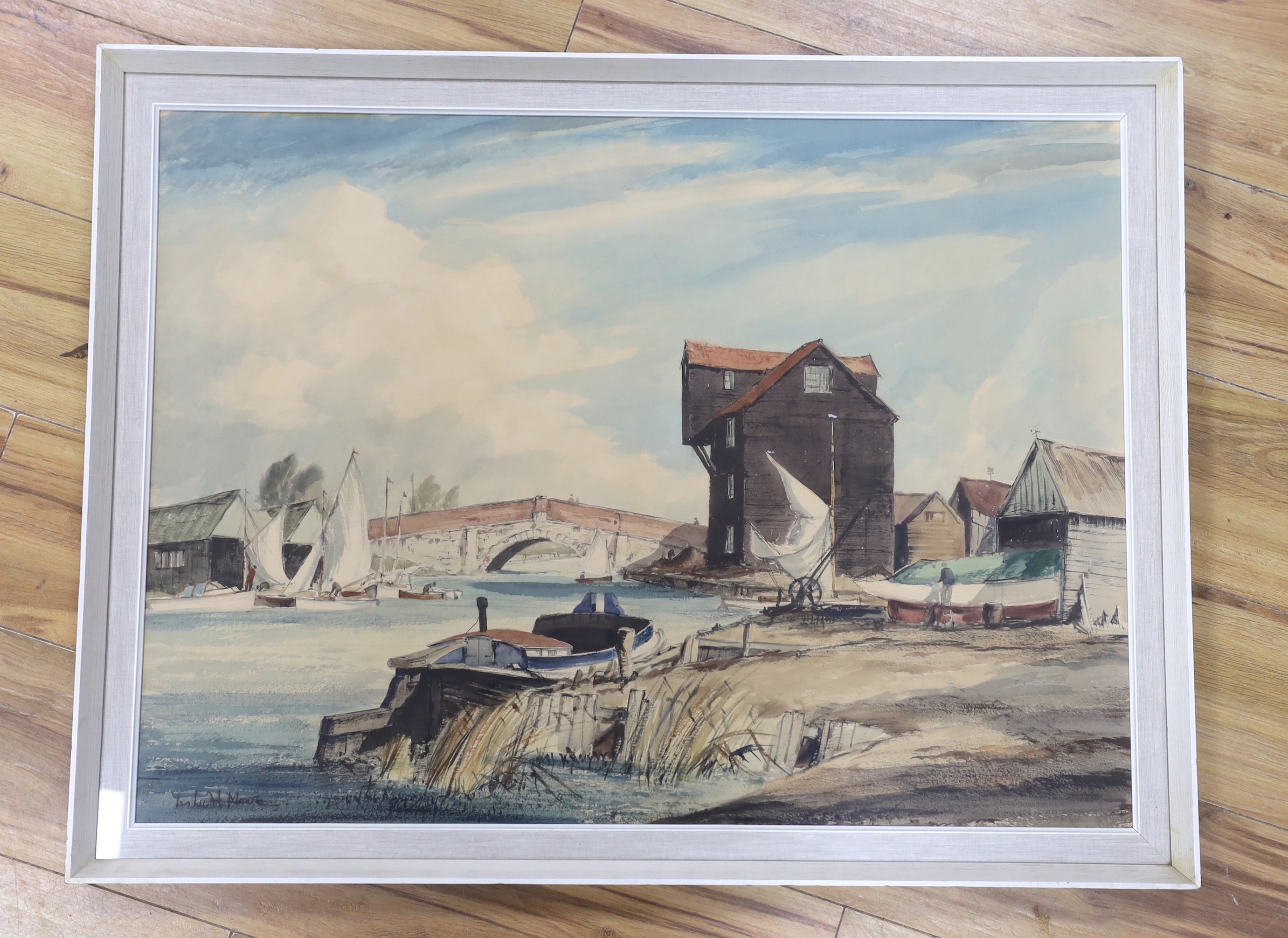 Leslie H. Moore (1907-1997), watercolour, Easter Wroxham Bridge, Norfolk, signed, inscribed Royal - Image 2 of 5