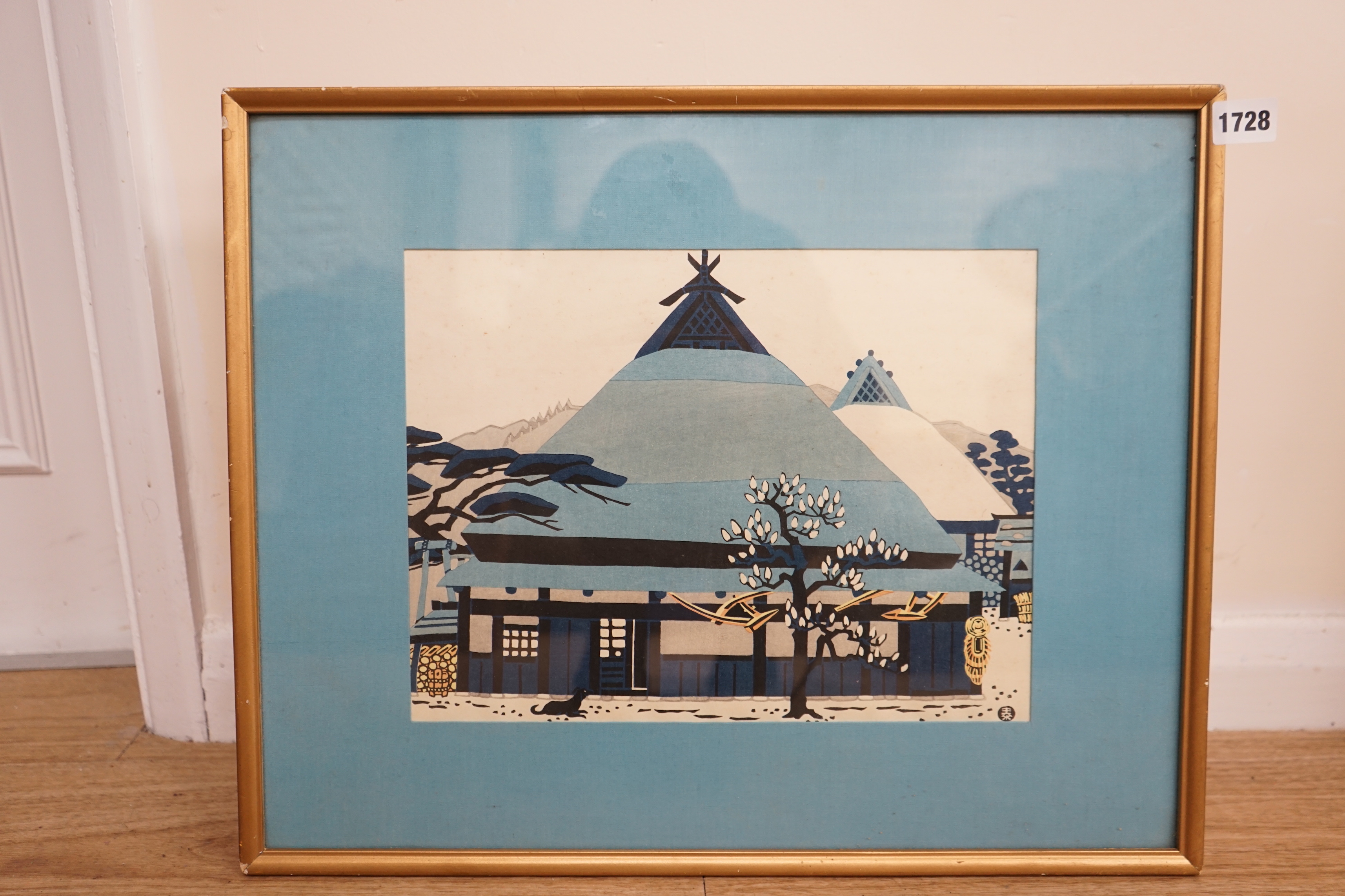 Taizo Minagawa (1917-1975) Japanese woodblock print, ‘Dog and farmhouse in winter’, 25 x 33cm - Image 2 of 2