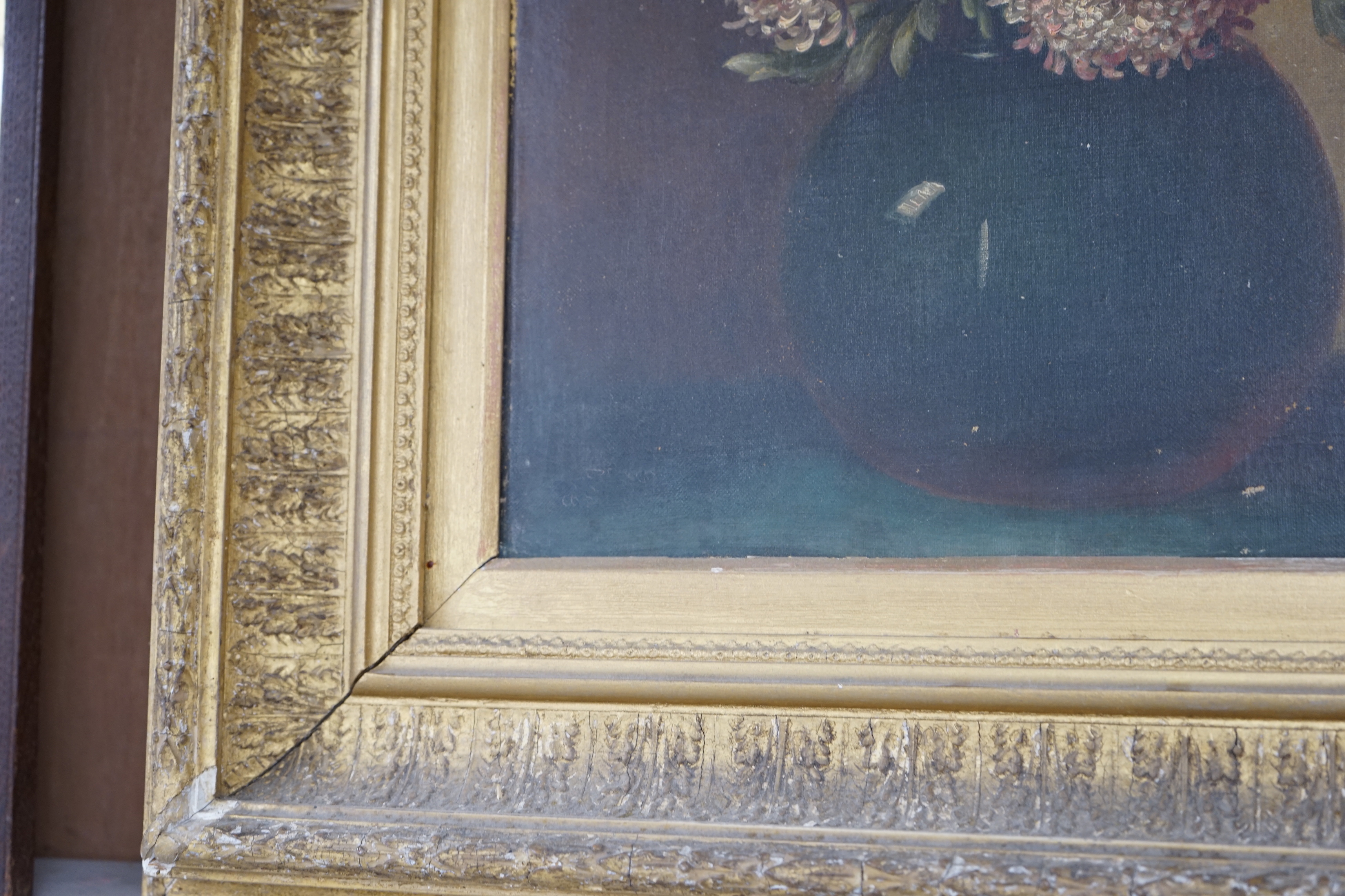 19th century oil on canvas, Still life of chrysanthemums in a vase, signed with monogram M.L, - Image 3 of 4