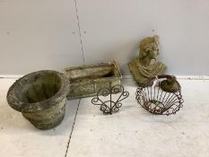 A reconstituted stone garden bust, (a/f), two planters, wirework basket and a pot holder