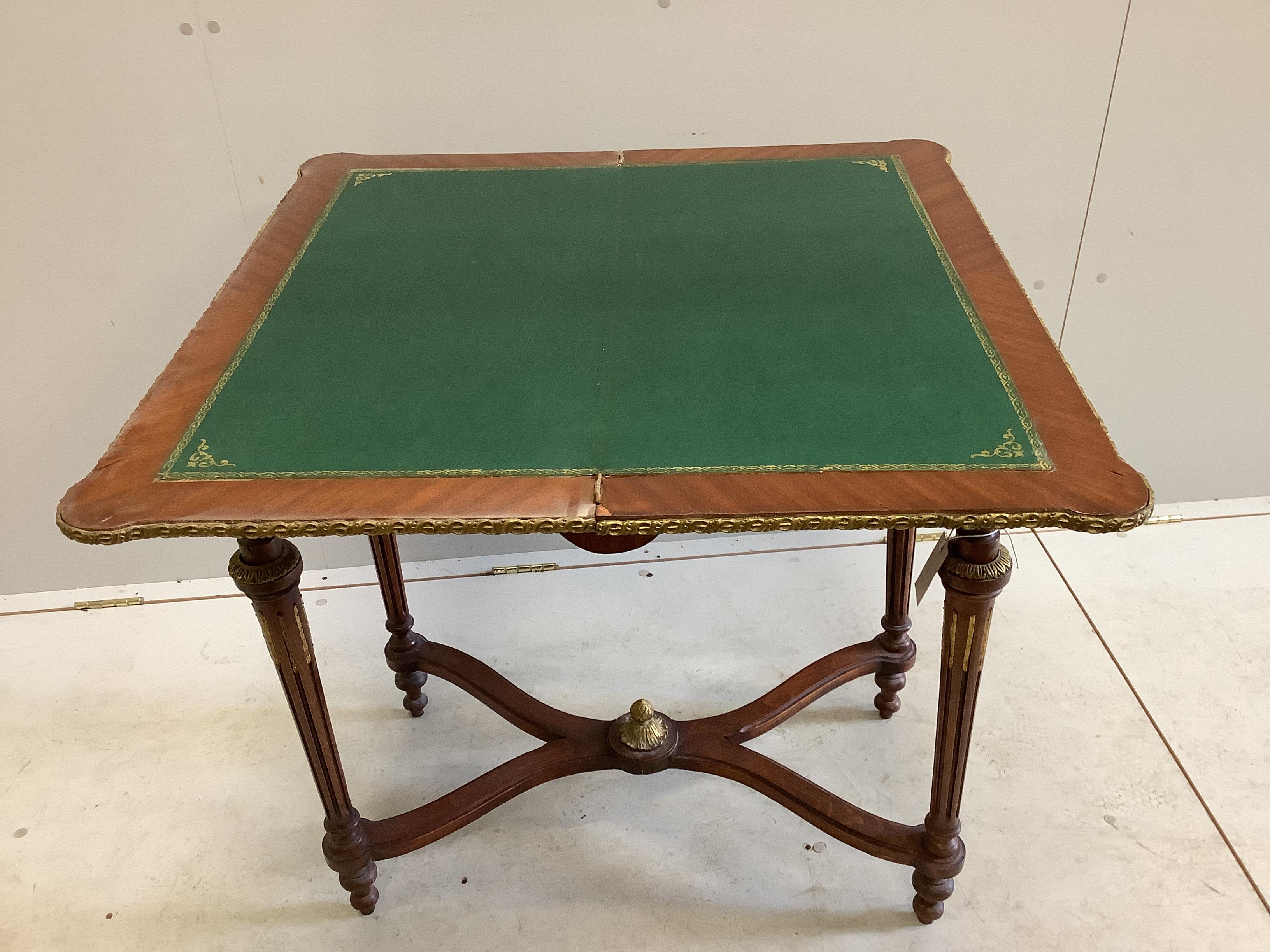 A Louis XVI style gilt metal mounted and marquetry inlaid folding card table, width 77cm, depth - Image 3 of 4