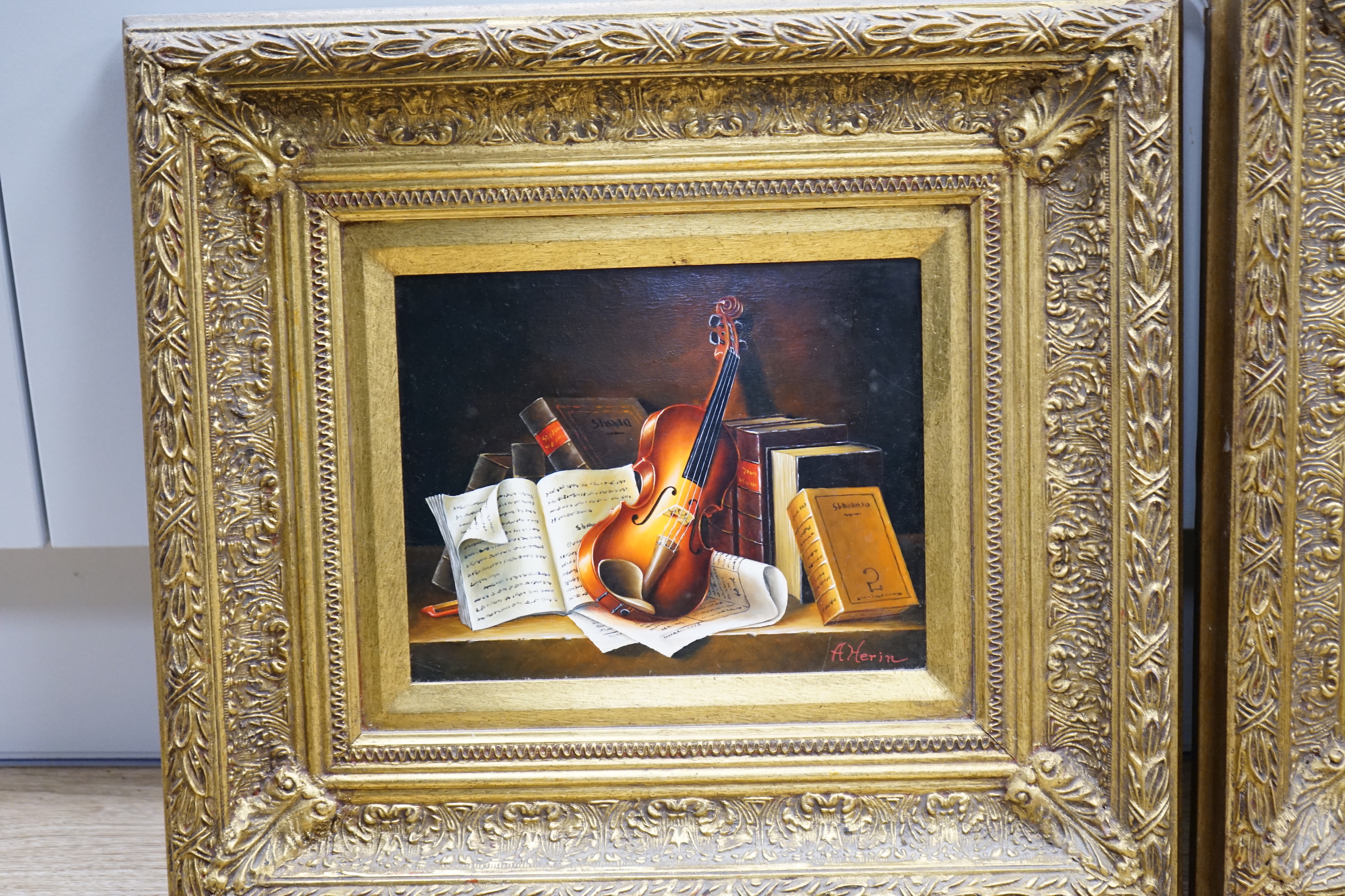 A Herin, set of three contemporary oils on board, Still lifes of musical instruments and sheet - Image 2 of 4