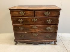An 18th century Continental rosewood serpentine four drawer chest (missing back foot), width