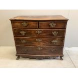 An 18th century Continental rosewood serpentine four drawer chest (missing back foot), width