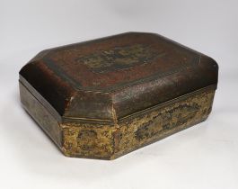 A mid 19th century Chinese gilt-decorated black lacquer games box containing mother-of-pearl