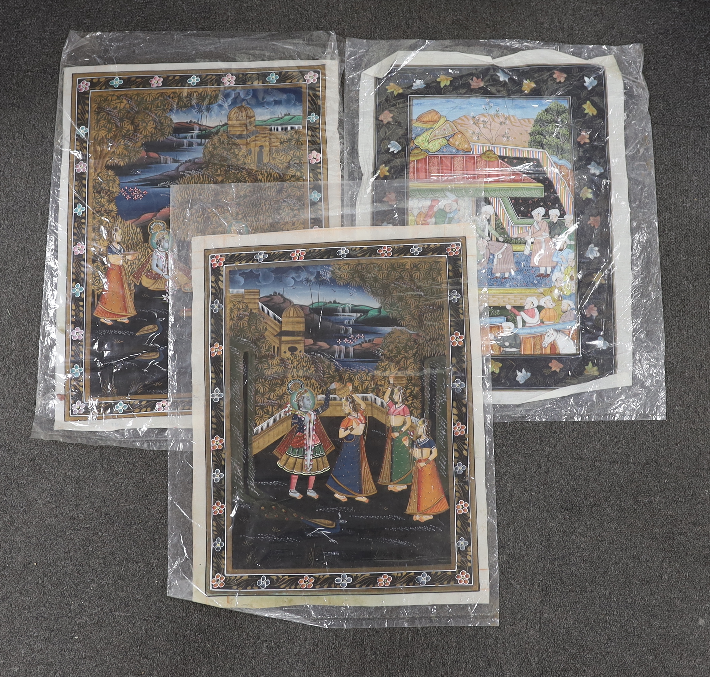 Indian Mughal style, set of three watercolours, emperor and attendants and figures dancing,