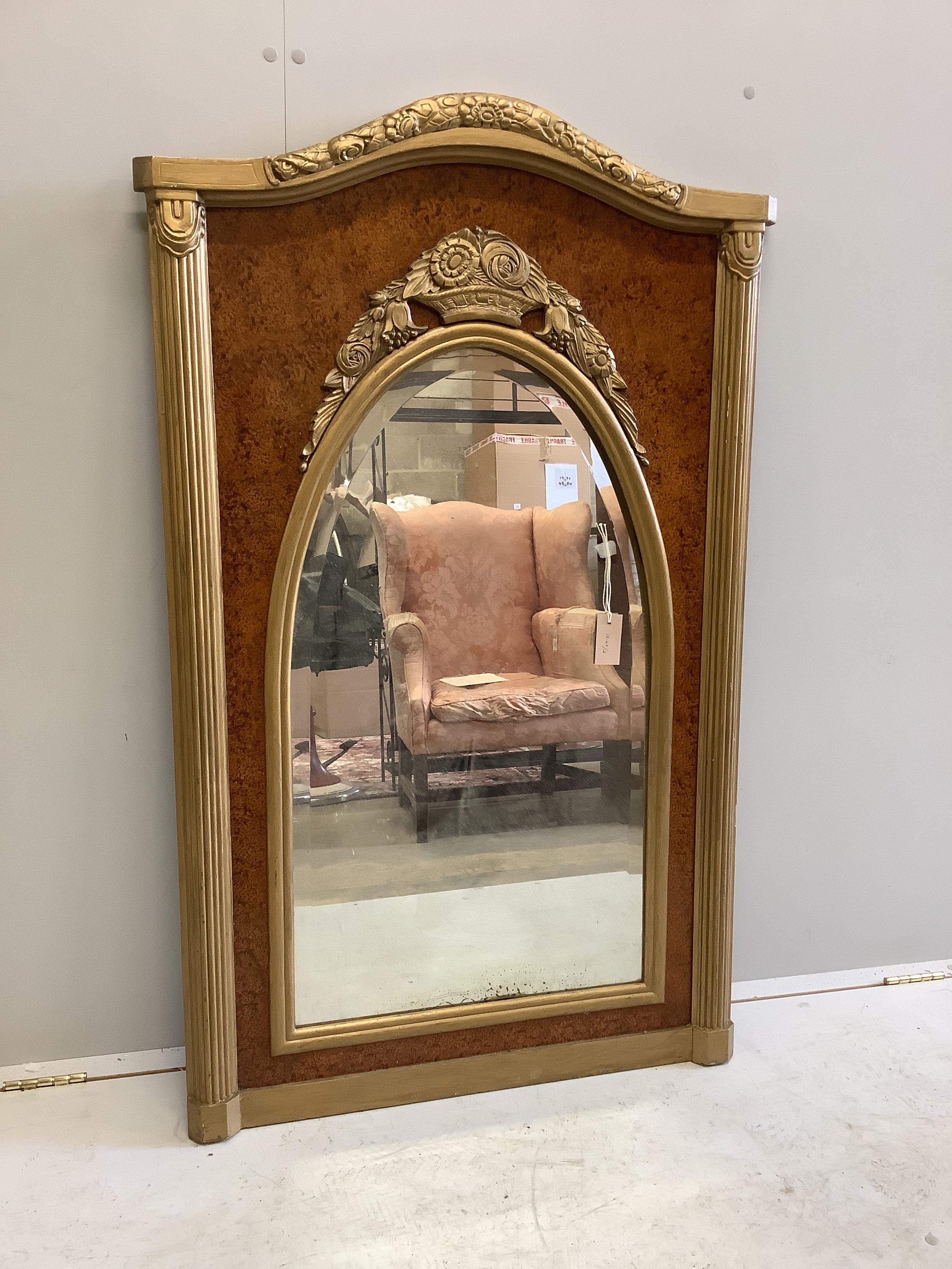 A French gilt composition and amboyna wall mirror, width 80cm, height 152cm