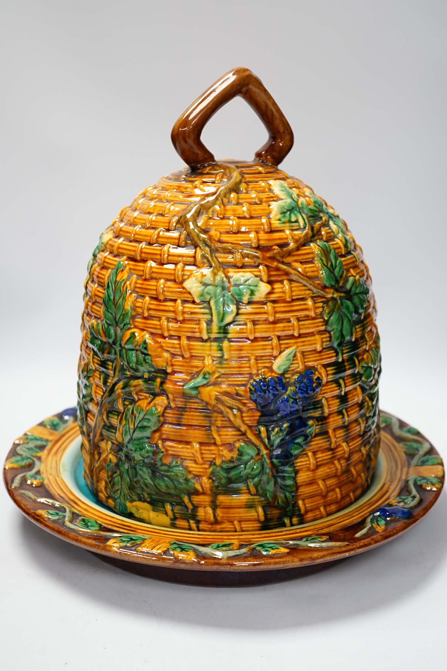 A Minton style Majolica cheese dish and cover decorated in relief, restored handle, 35cm - Bild 3 aus 7