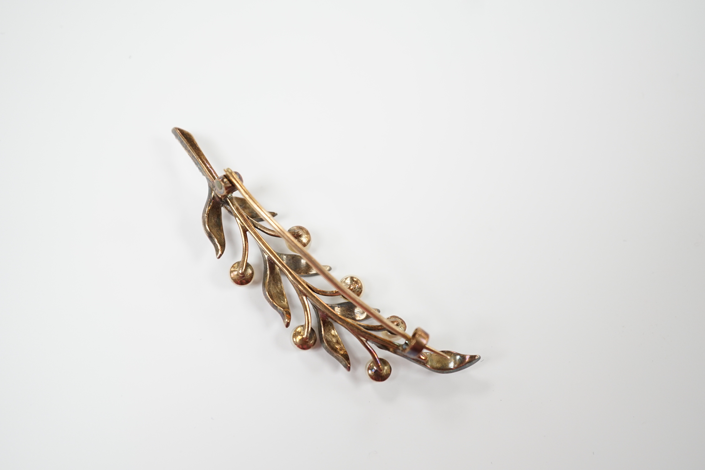 An early 20th century yellow metal, cultured pearl and rose cut diamond set foliate spray brooch, - Image 3 of 3