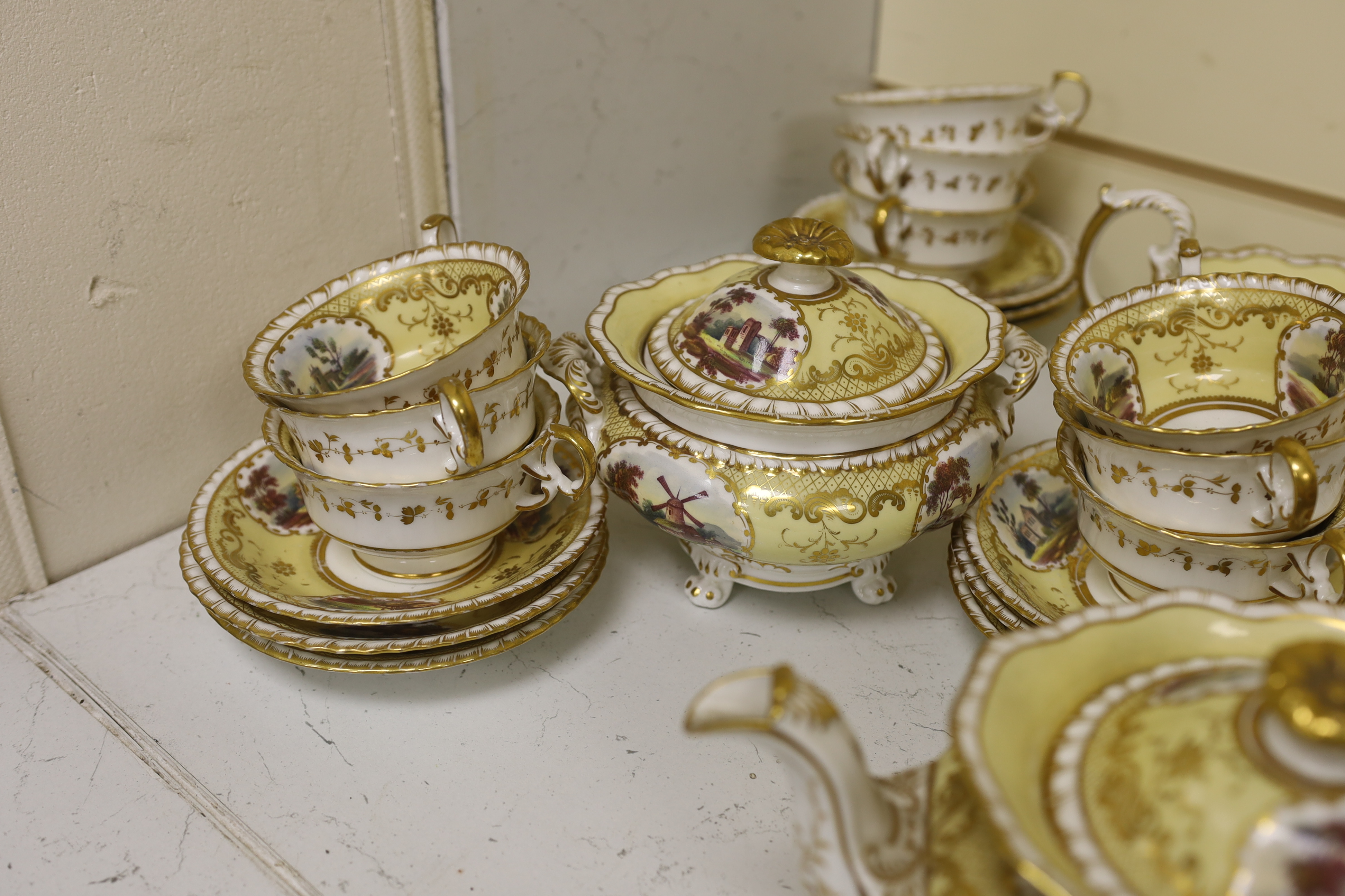 An English porcelain tea set, c.1835-45, including a teapot and cover, sucrier and cover, slops - Image 3 of 6