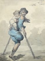 Thomas Rowlandson (British, 1756-1827) A cripple and child, ink and watercolour on paper, 28 x 21cm