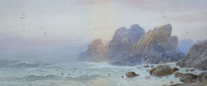 WHE, pair of heightened watercolours, rocky coastal landscapes, signed with monogram, 16 x 36cm