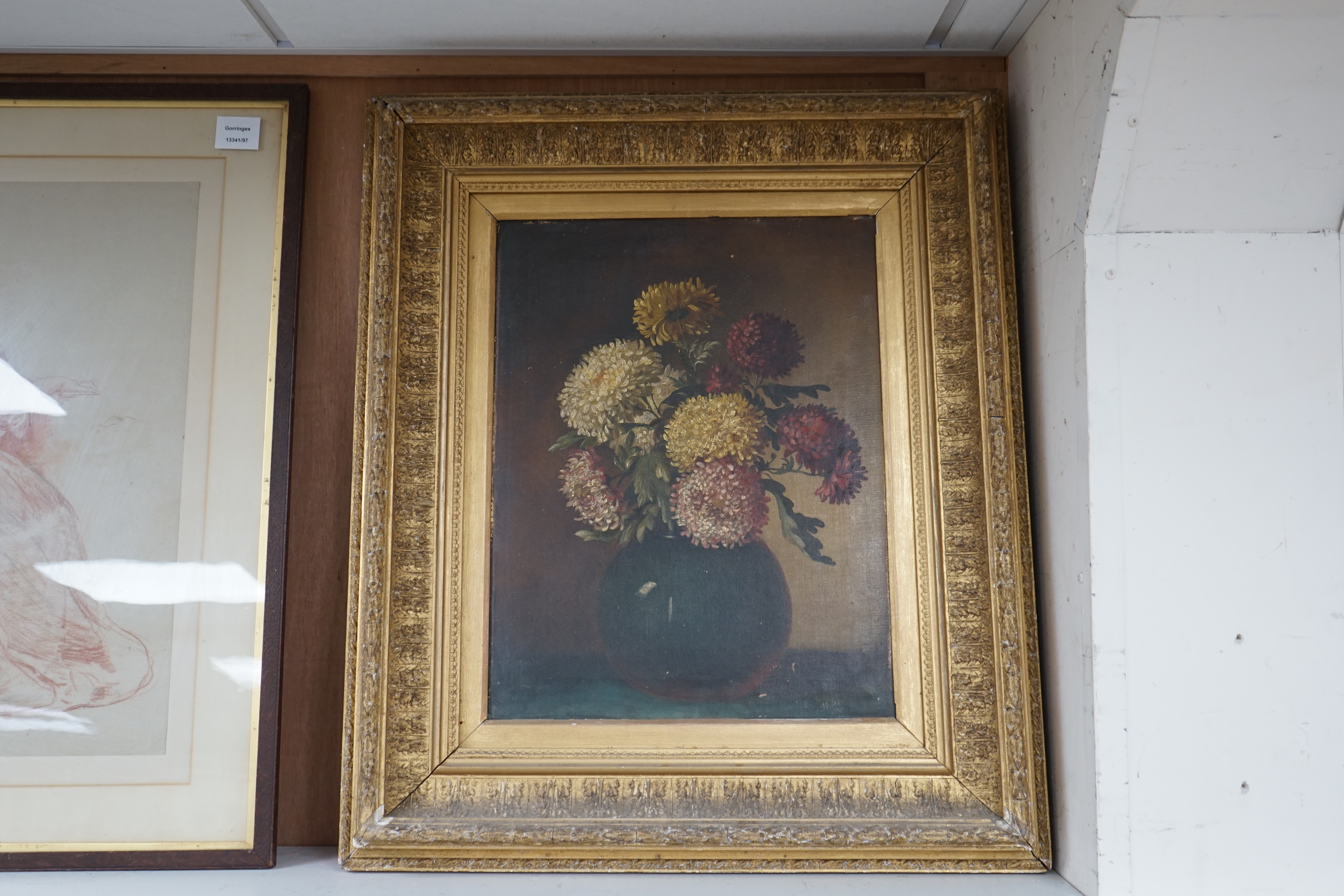 19th century oil on canvas, Still life of chrysanthemums in a vase, signed with monogram M.L, - Image 2 of 4