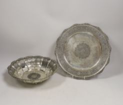 A Persian engraved white metal (stamped 84) fruit bowl, diameter 23cm and a similar pierced dish,