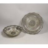 A Persian engraved white metal (stamped 84) fruit bowl, diameter 23cm and a similar pierced dish,