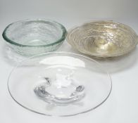 Three glass dishes, including one by Orrefors and one by A A Designs, largest 35cm in diameter