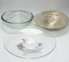 Three glass dishes, including one by Orrefors and one by A A Designs, largest 35cm in diameter