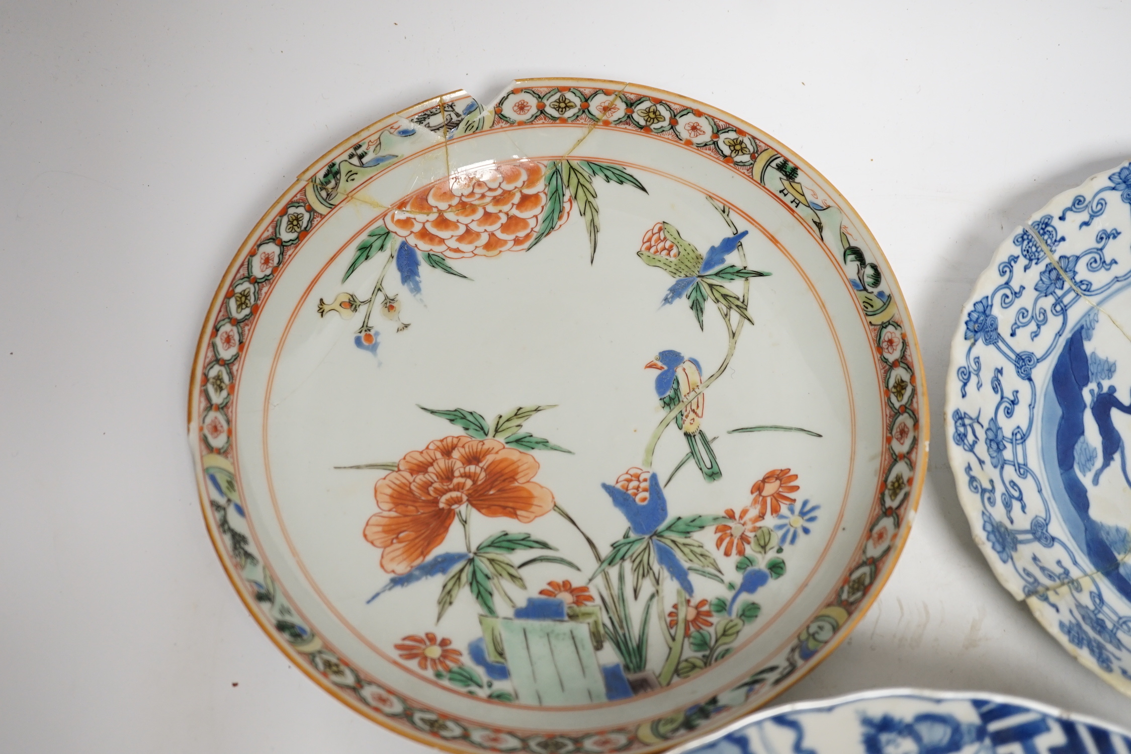 A Chinese blue and white ‘warriors’ bowl, Kangxi mark and period, a similar ‘hunting’ saucer dish, - Image 2 of 8