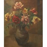 Impasto oil on canvas, Still life of roses in a vase, indistinctly signed upper right, 69 x 59cm