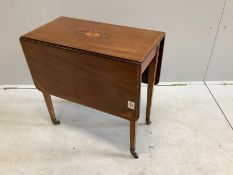 An Edwardian marquetry inlaid mahogany drop flap occasional table, width 61cm, depth 33cm, height