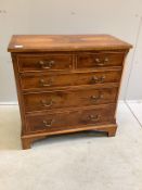 A reproduction yew wood five drawer chest, width 76cm, depth 42cm, height 76cm