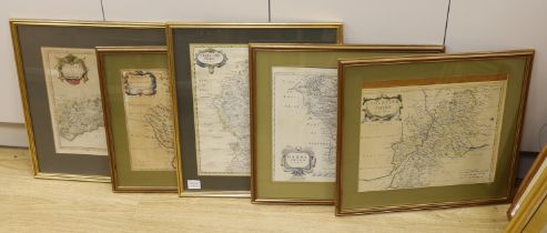 Robert Morden (1650-1703) five antique hand coloured maps, comprising Sussex, Monmouthshire,
