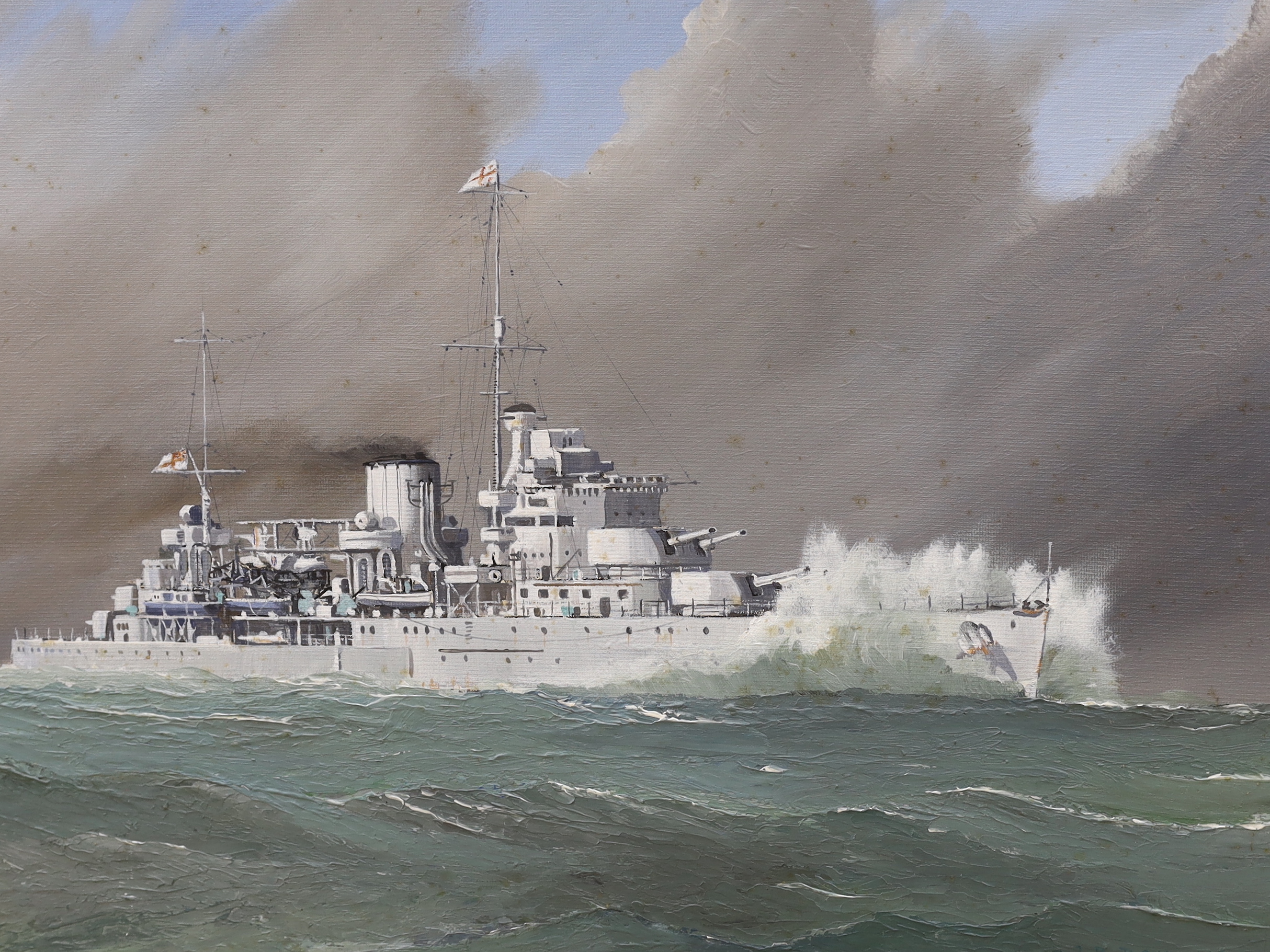 John Rohan Dominy (b.1926), pair of Naval interest oils on board, HMS Achilles, signed, details - Image 3 of 3