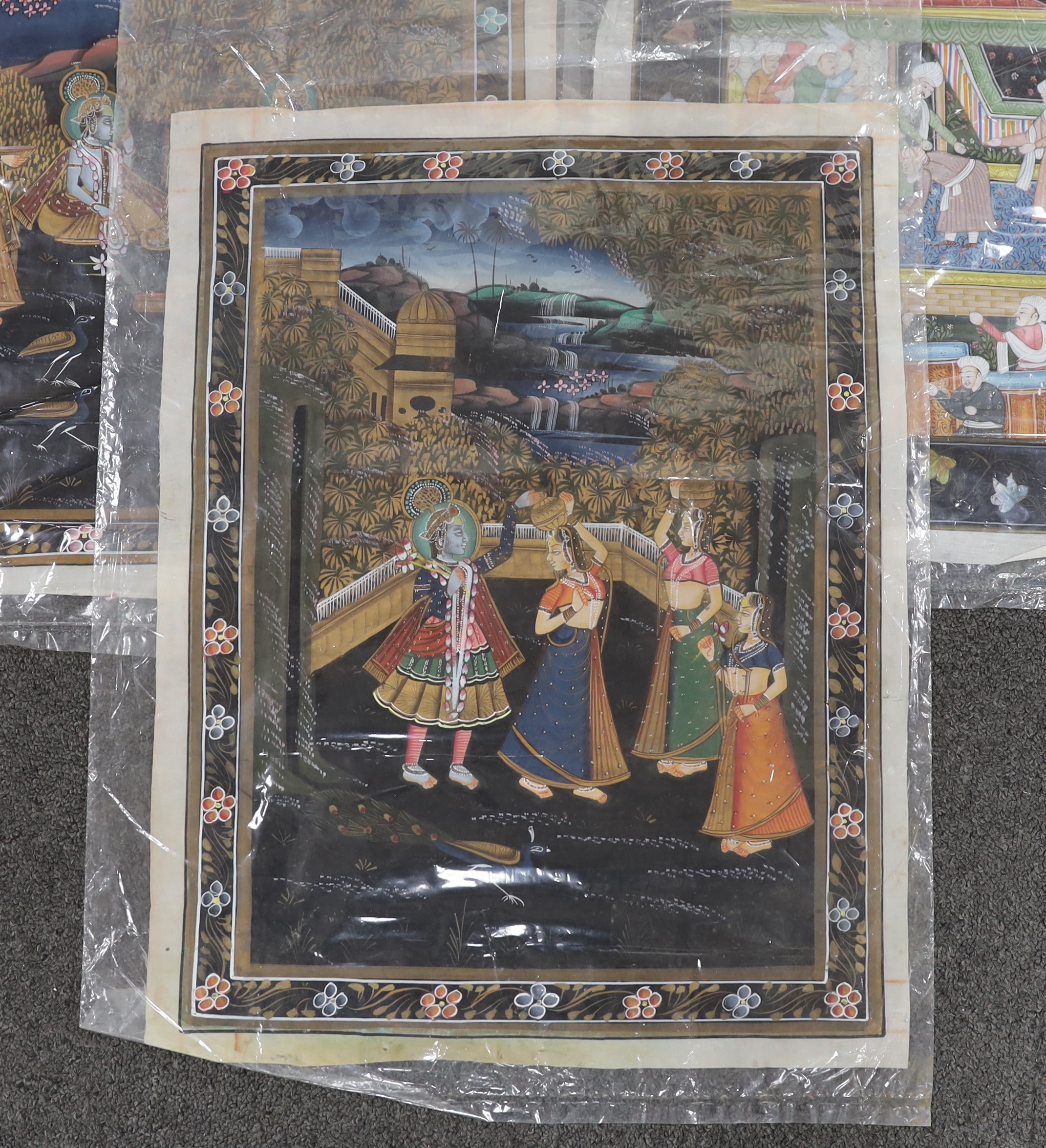 Indian Mughal style, set of three watercolours, emperor and attendants and figures dancing, - Image 2 of 4