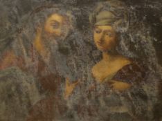 19th century school, oil on canvas, Mary Magdalene and Christ, 74 x 100cm, unframed