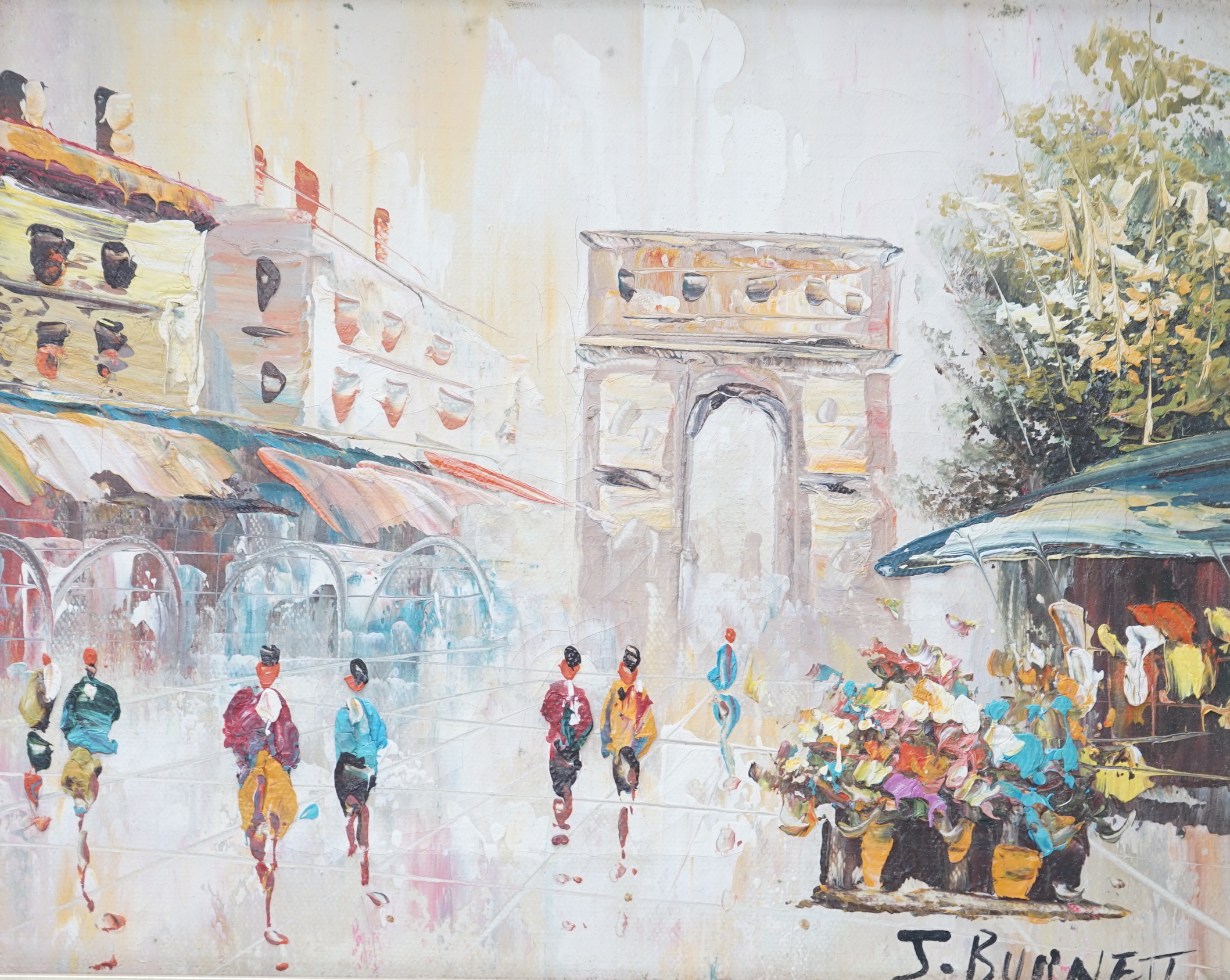 J Burnett (20th. C) pair of impressionist oils on canvas, Parisian street scenes, each signed, 19