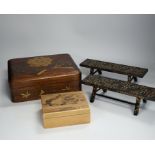 A group of Japanese lacquer wares, comprising pair of miniature benches and two boxes, Meiji