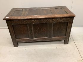 An 18th century panelled oak coffer, width 118cm, depth 54cm, height 66cm