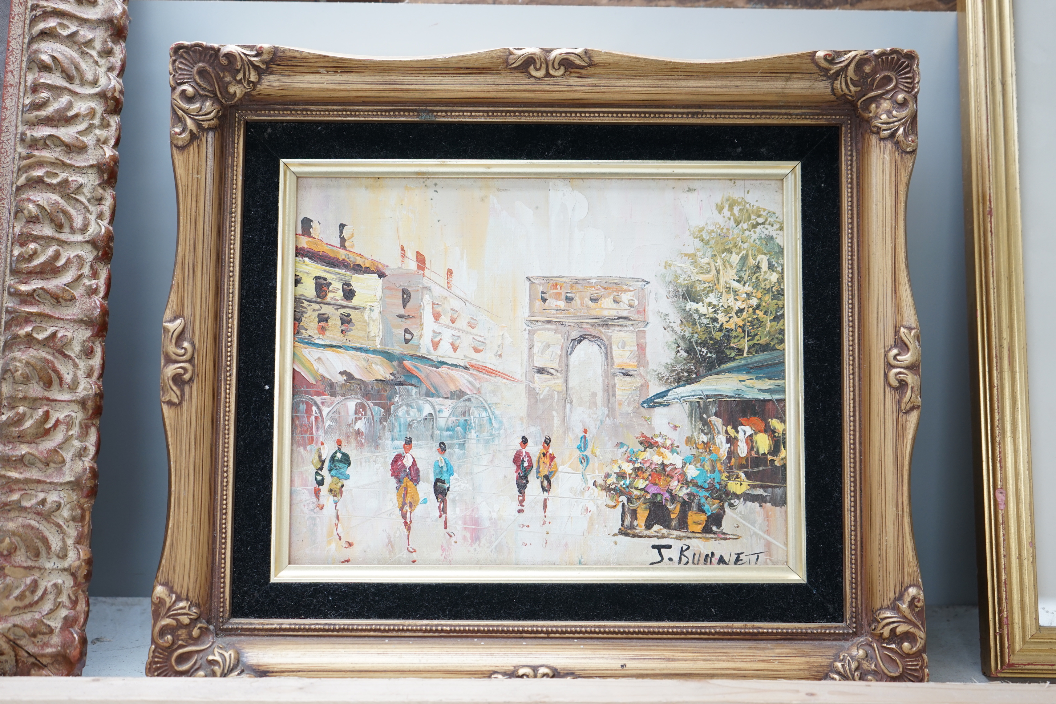 J Burnett (20th. C) pair of impressionist oils on canvas, Parisian street scenes, each signed, 19 - Image 2 of 3