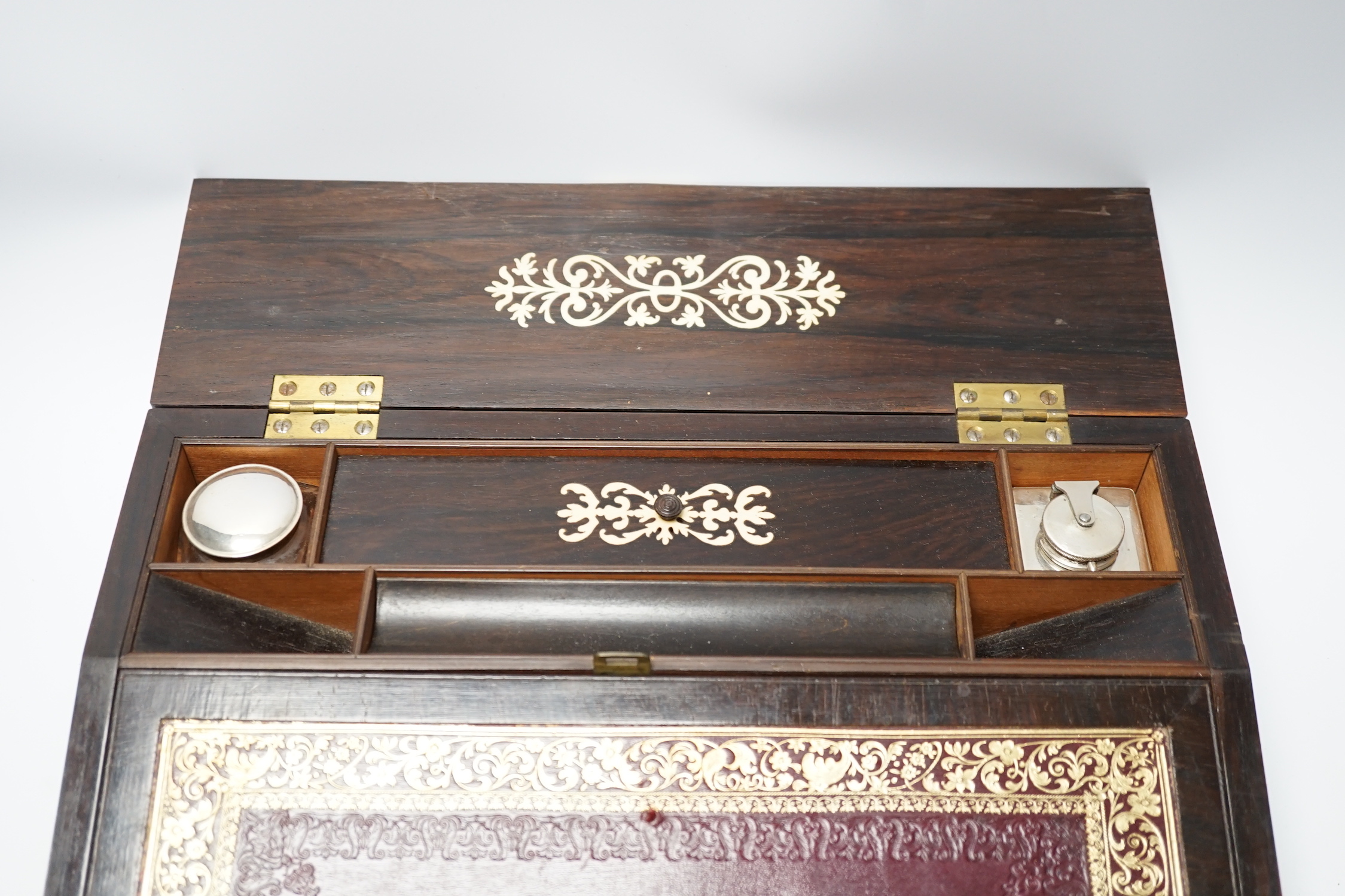An early Victorian fret cut ivory inlaid rosewood writing slope with tooled leather slope, 35cm wide - Image 3 of 6