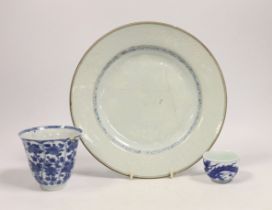 A Chinese bianco sopra bianco plate, diameter 23cm, and two blue and white small pots
