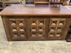 A Spanish walnut and fruitwood sideboard, width 171cm, depth 43cm, height 84cm