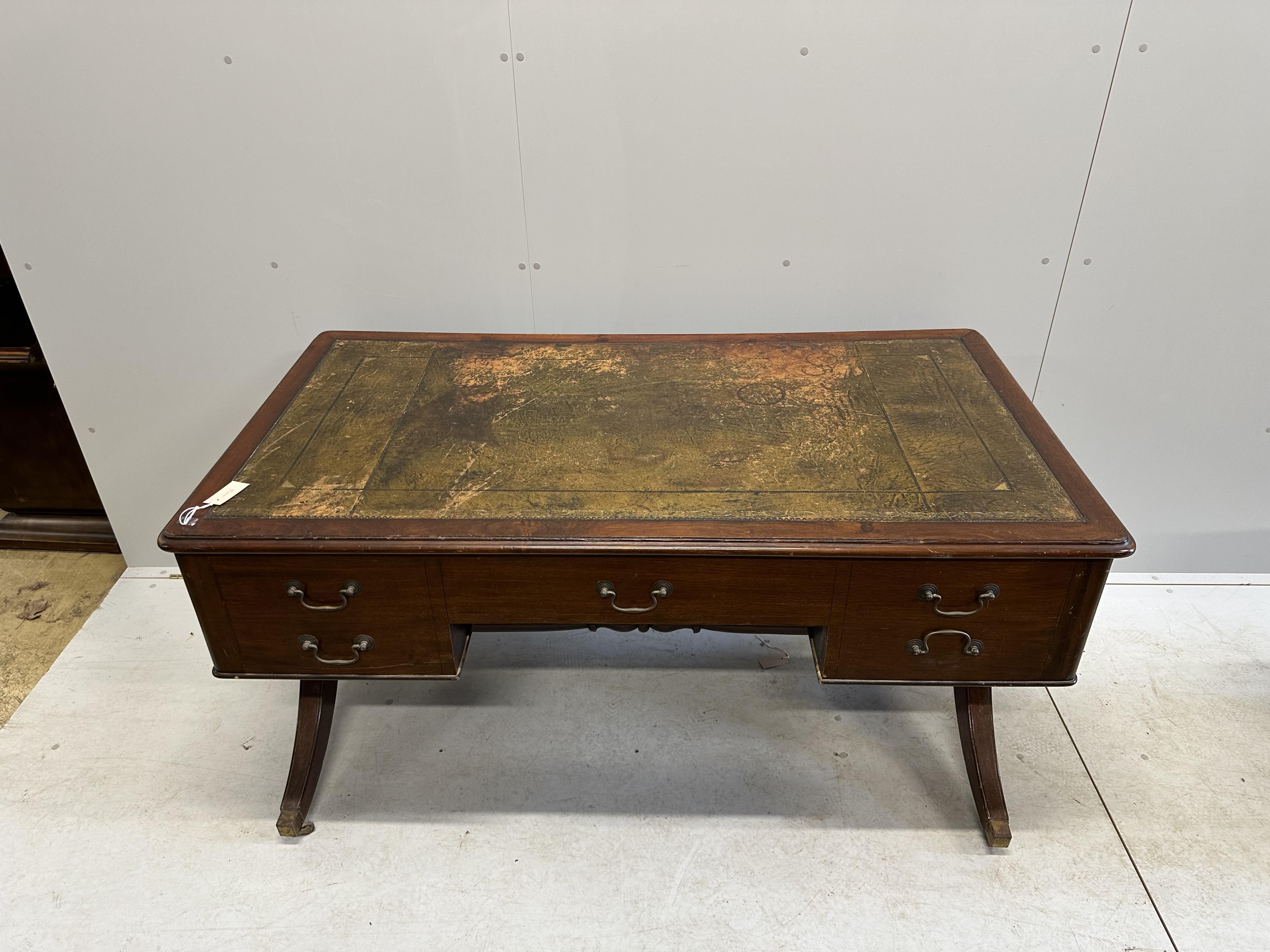 A Victorian mahogany kneehole writing table, width 148cm, depth 80cm, height 77cm - Image 2 of 3