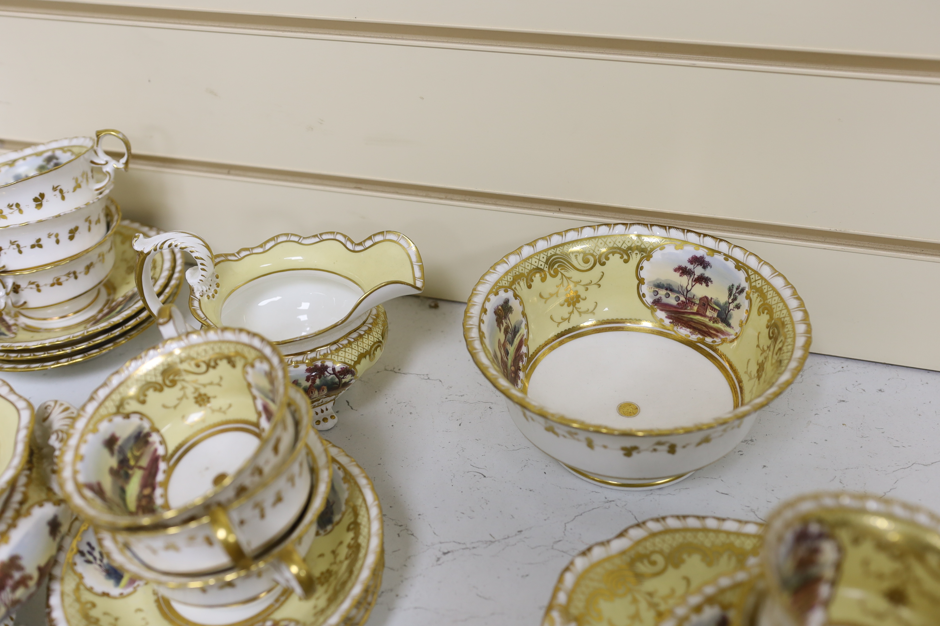 An English porcelain tea set, c.1835-45, including a teapot and cover, sucrier and cover, slops - Image 5 of 6