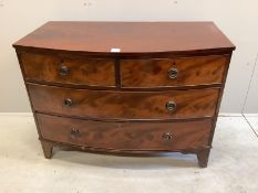 A Regency mahogany bowfront four drawer chest (cut down), width 106cm, depth 53cm, height 79cm