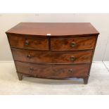 A Regency mahogany bowfront four drawer chest (cut down), width 106cm, depth 53cm, height 79cm