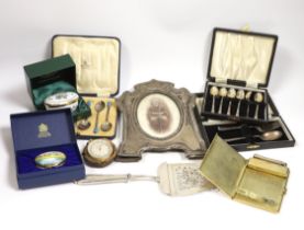 Miscellaneous items including three cased sets of silver flatware including enamelled teaspoons,