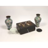 A pair of Chinese cloisonné enamel vases, 12.5cm, a lacquered box with mother of pearl inlay, a