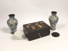 A pair of Chinese cloisonné enamel vases, 12.5cm, a lacquered box with mother of pearl inlay, a