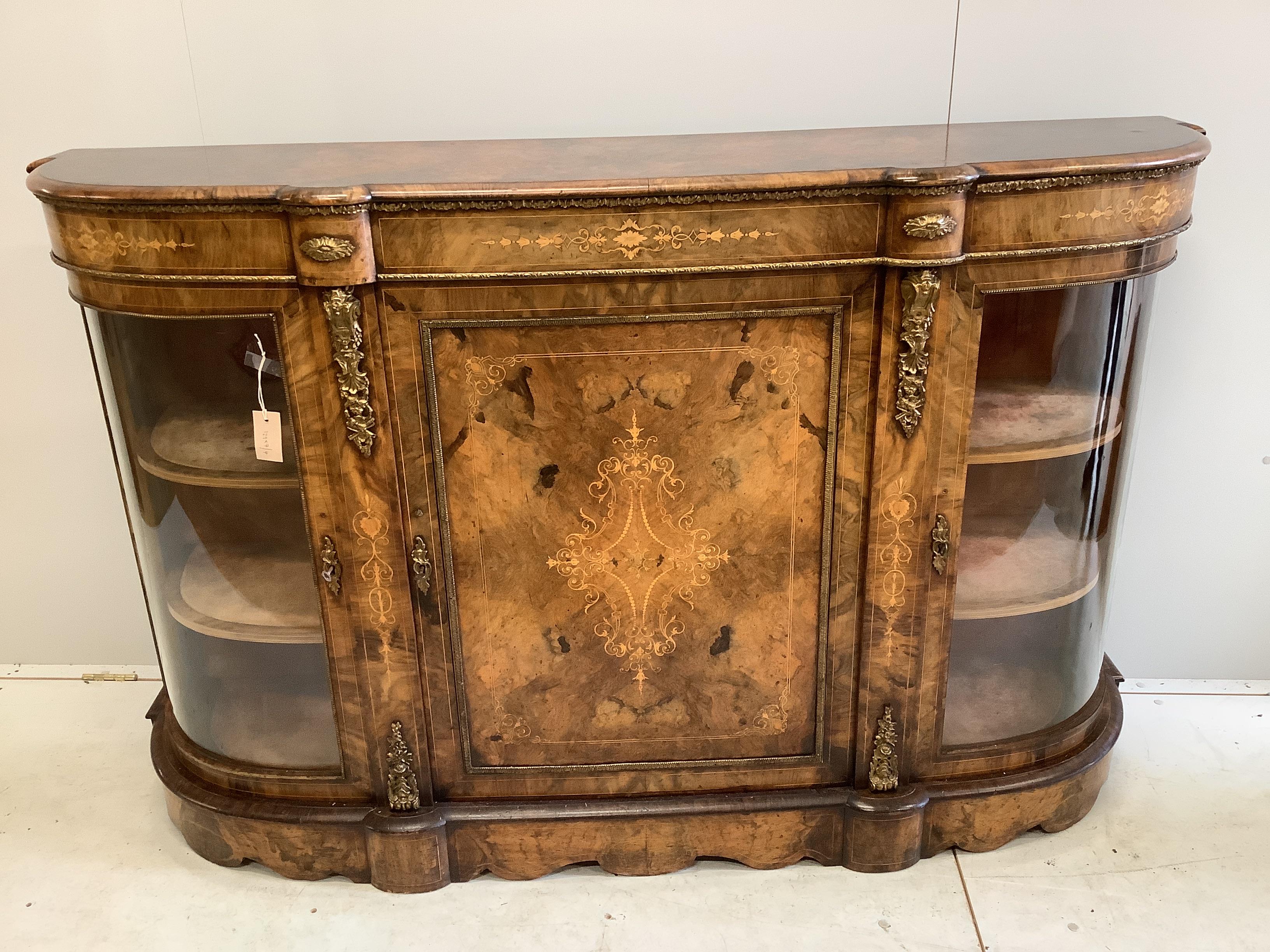 A Victorian gilt metal mounted marquetry inlaid figured walnut credenza, width 156cm, depth 43cm,