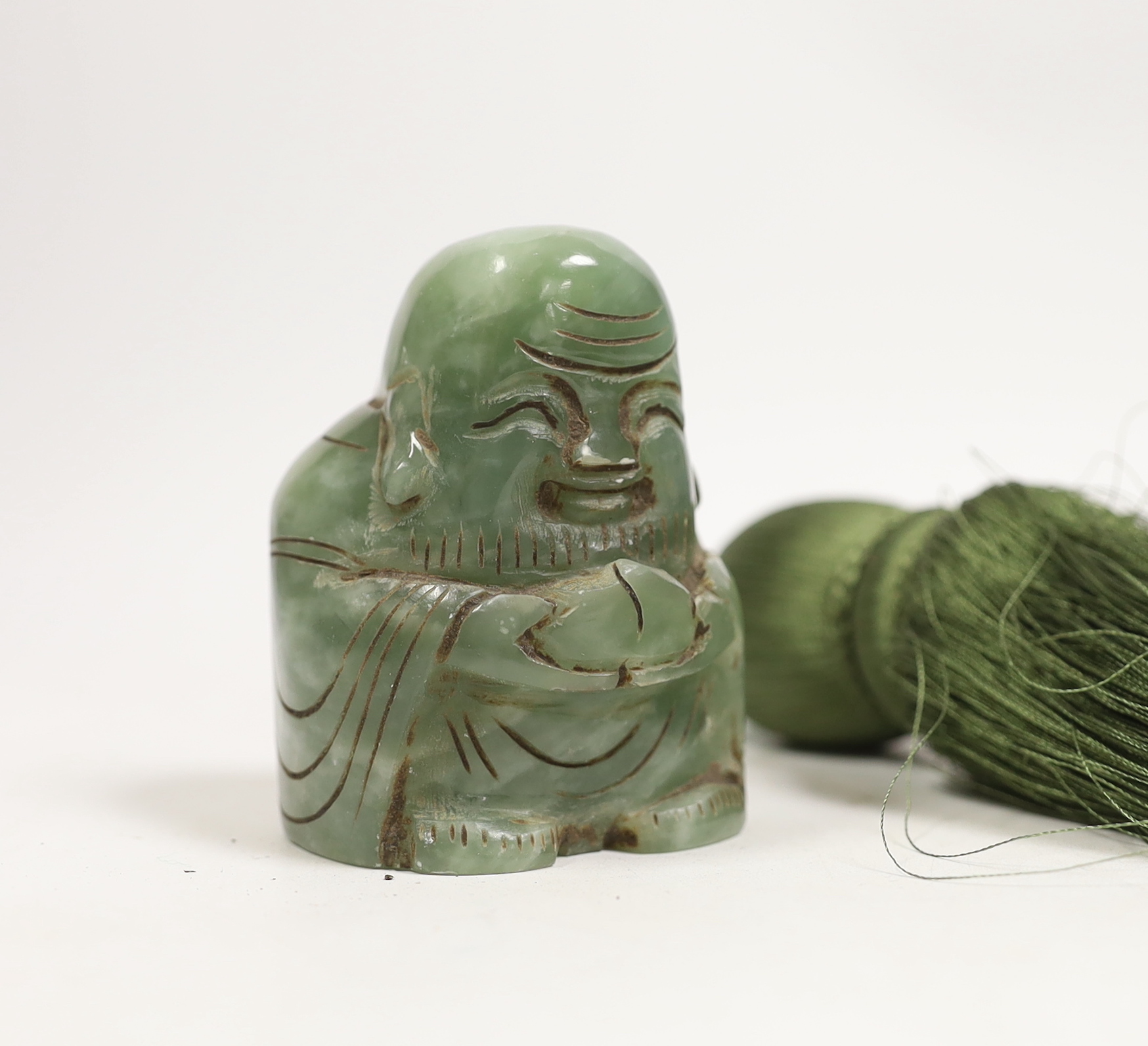 Six Chinese items including a carved jade fish pendant, a jade ring, a bowenite jade figure, an - Image 2 of 4