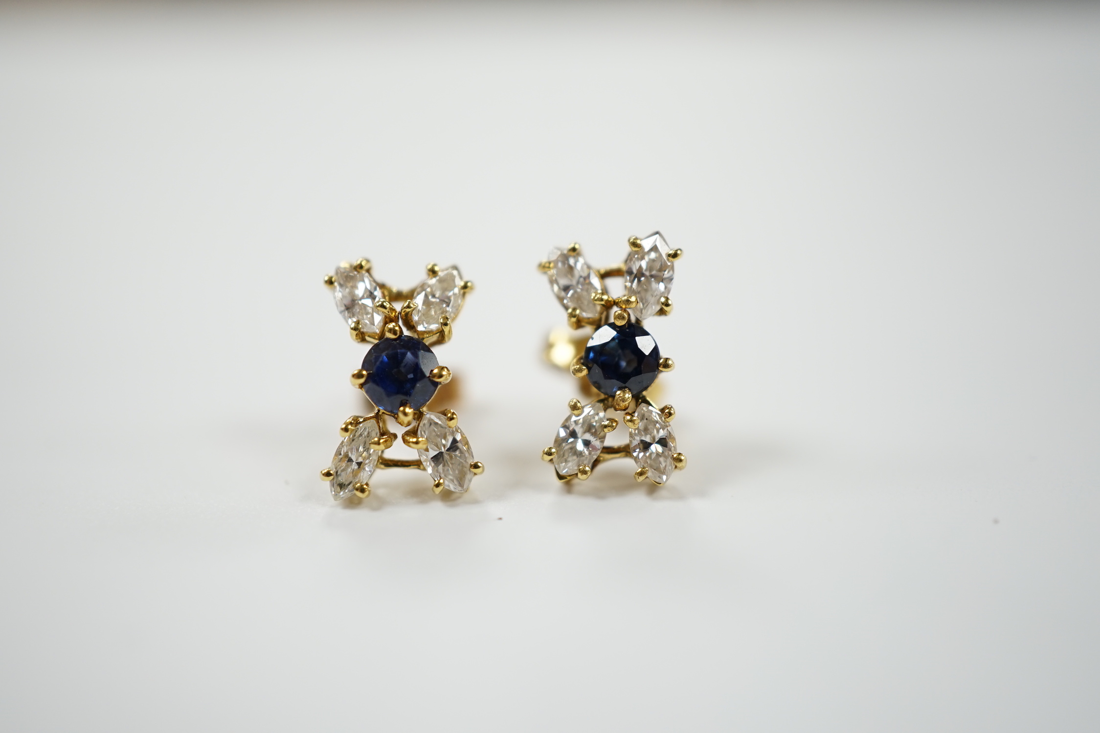 A modern pair of 18ct gold, sapphire and diamond cluster set 'X' ear studs, 12mm, gross weight 2.2 - Image 2 of 3